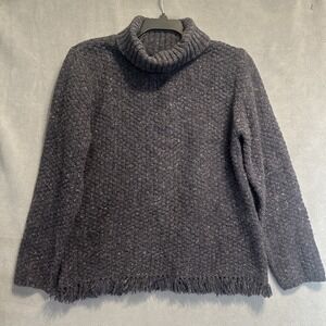Crossing Pointe Wool Turtleneck Sweater Fringe‎ Womens L Blue Fisherman Heritage